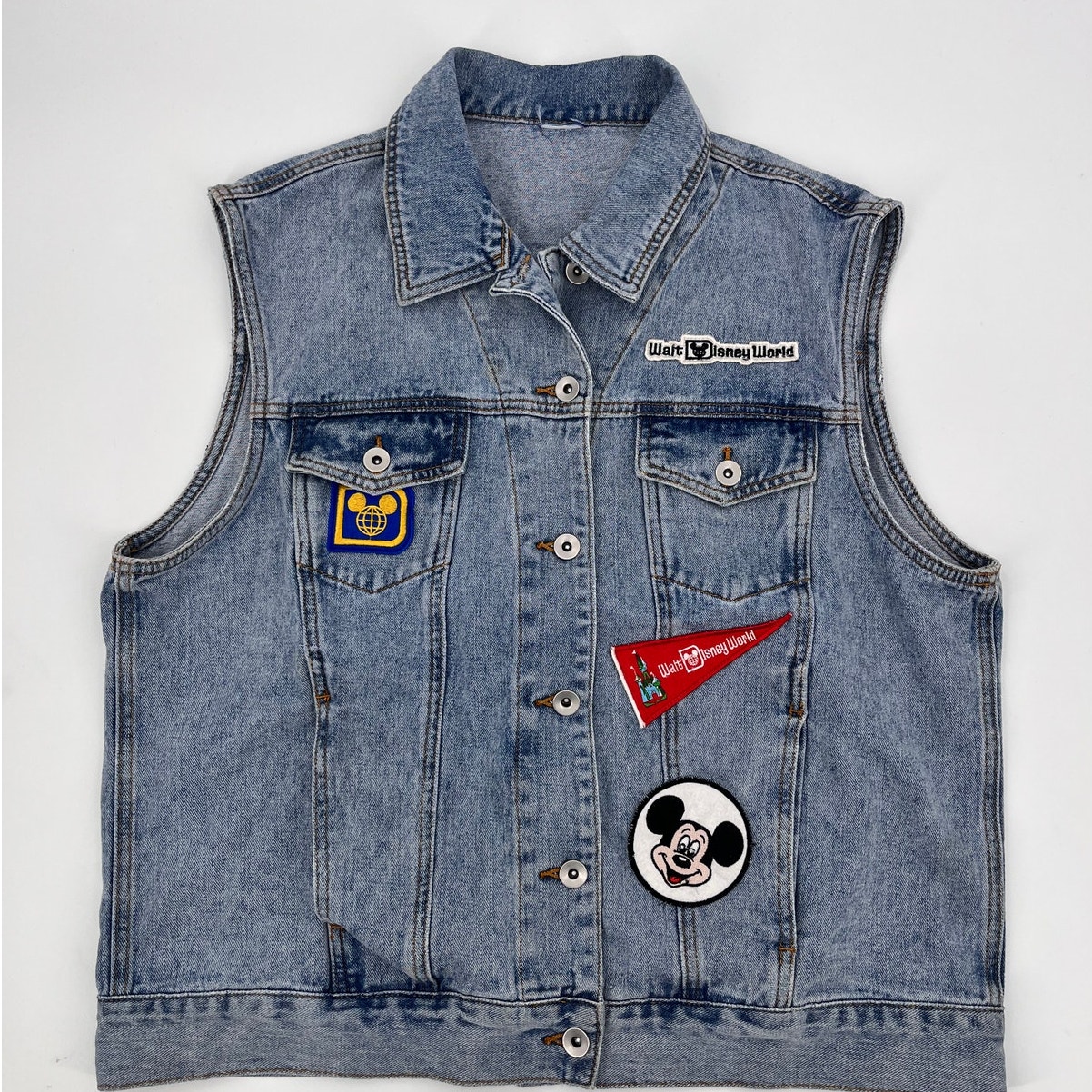 Vintage Walt Disney World Denim Vest Mickey Mouse Patches Graphic Back Adult